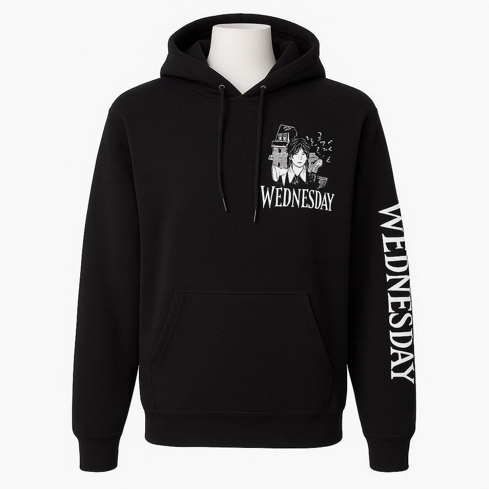 Goth-core Wednesday Addams Black Graphic Hoodie – Medium Netflix